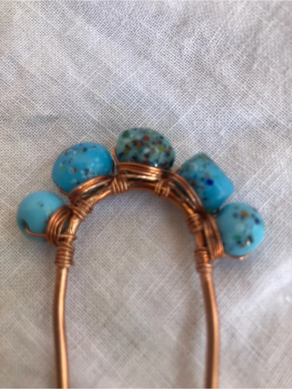 Teal Milliflori Beaded Hair fork Hammered Copper